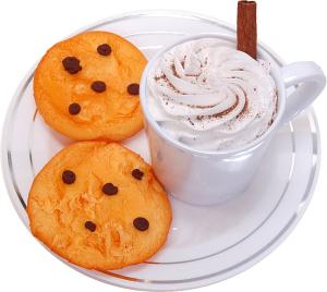 Fake Hot Chocolate Plastic Mug and Chocolate Chip Cookies on Plate top